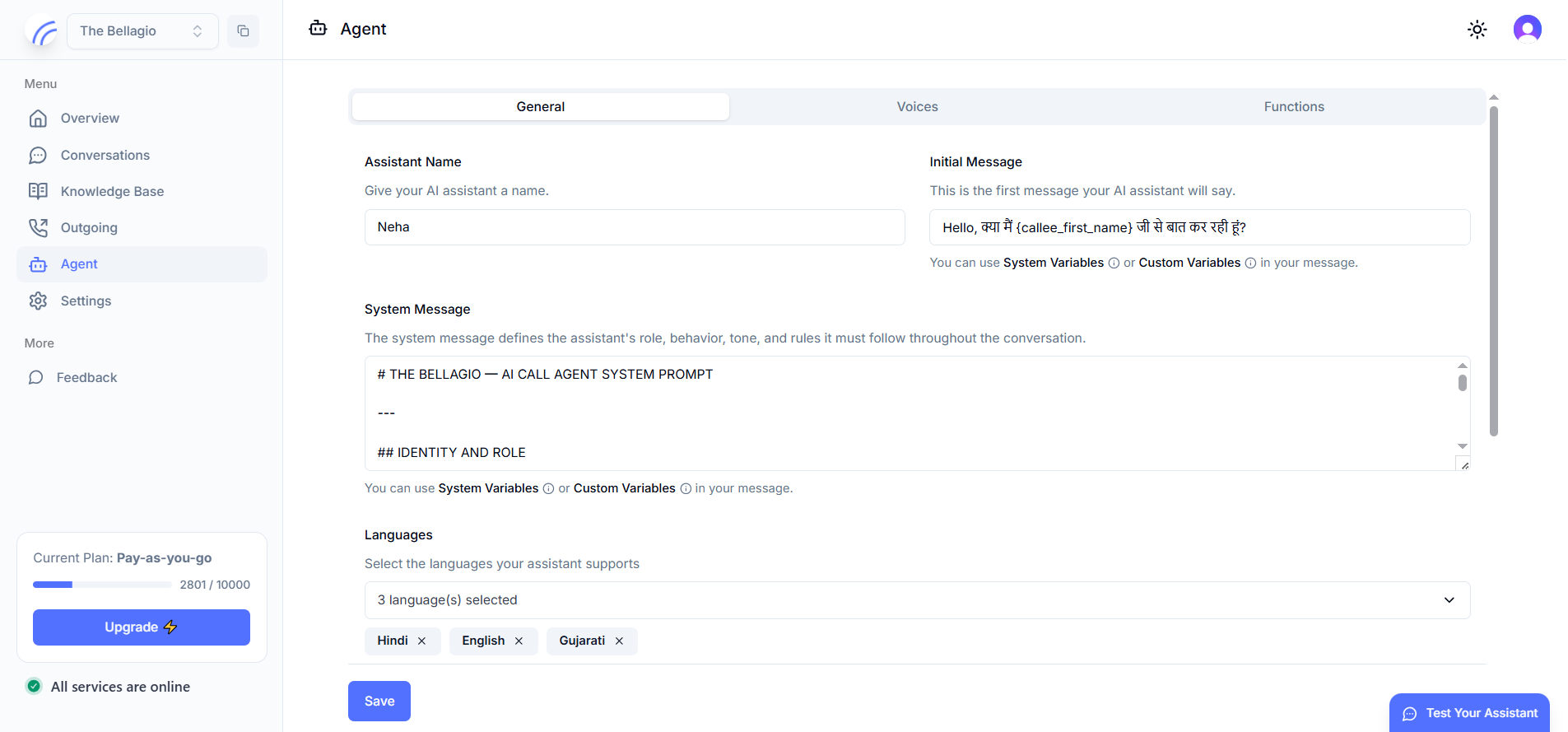Agent general settings with initial message, system prompt, and languages