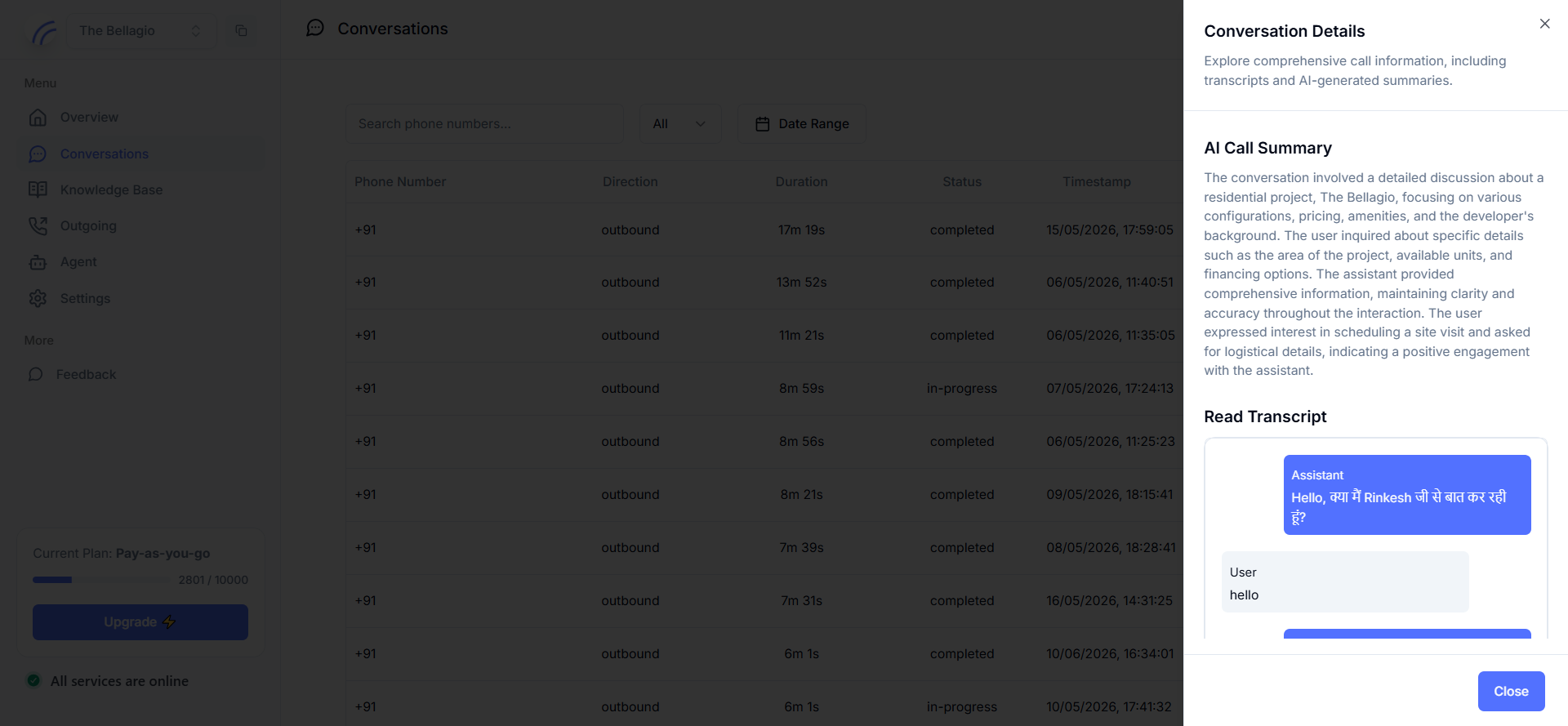 Conversation detail panel with recording, call details, and AI summary