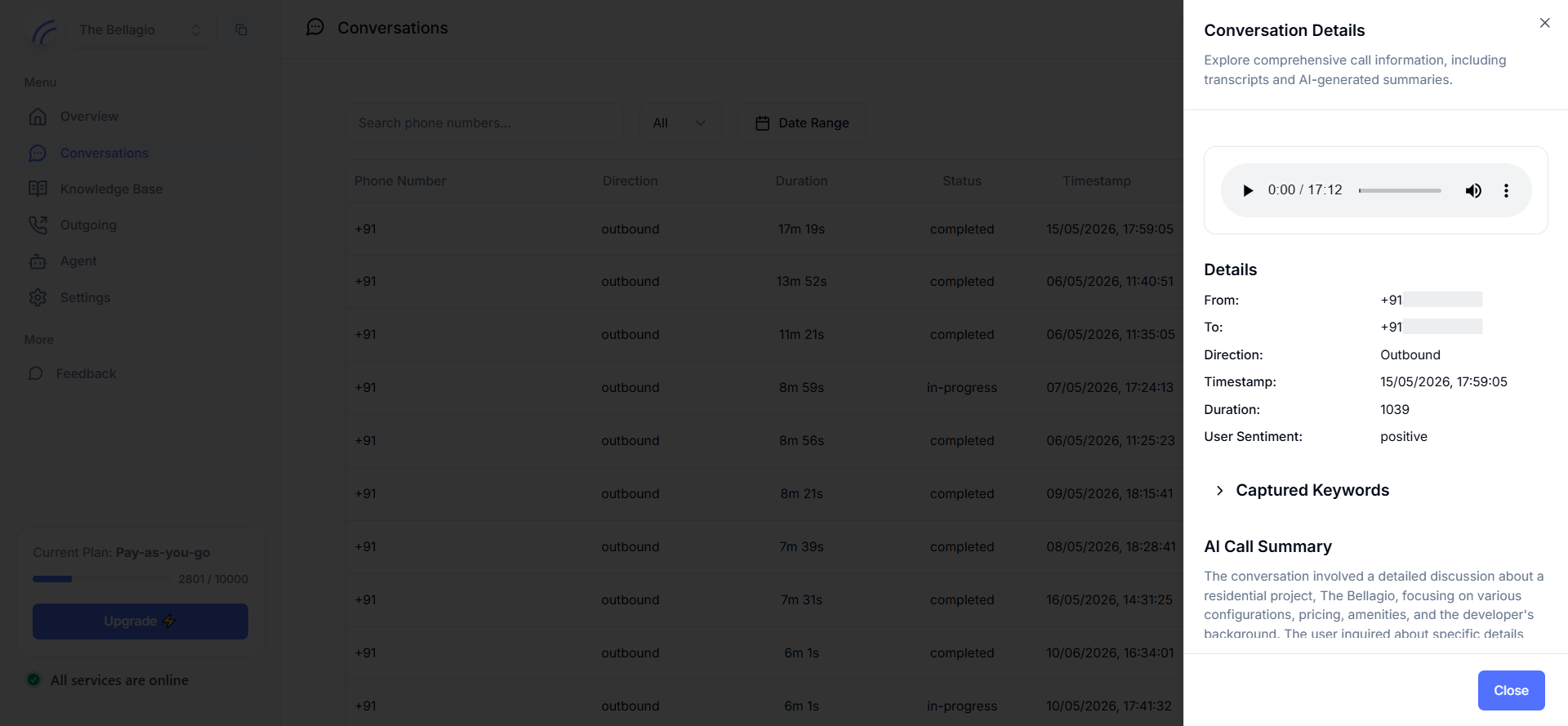 Conversations list with call direction, duration, status, and timestamp