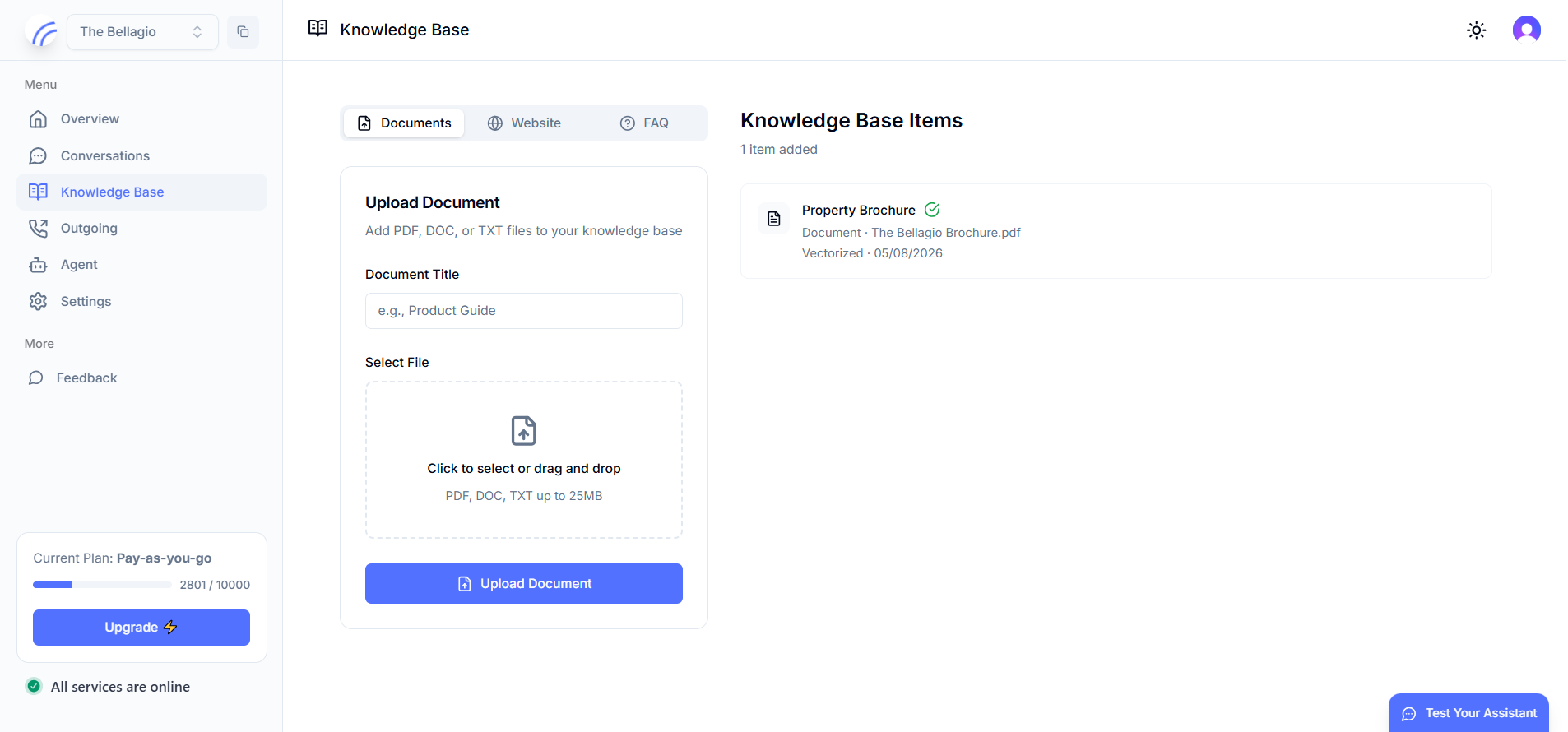 Knowledge Base with document upload, website, and FAQ tabs