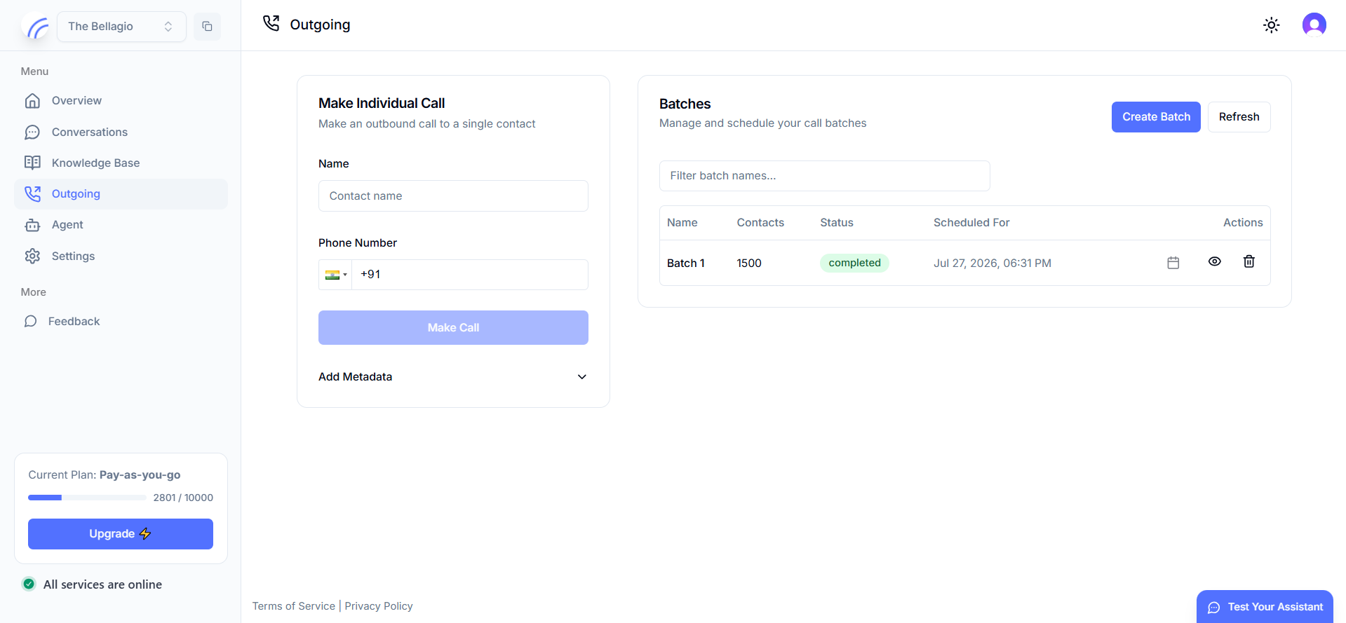 Outgoing calls page with individual call form and batch list