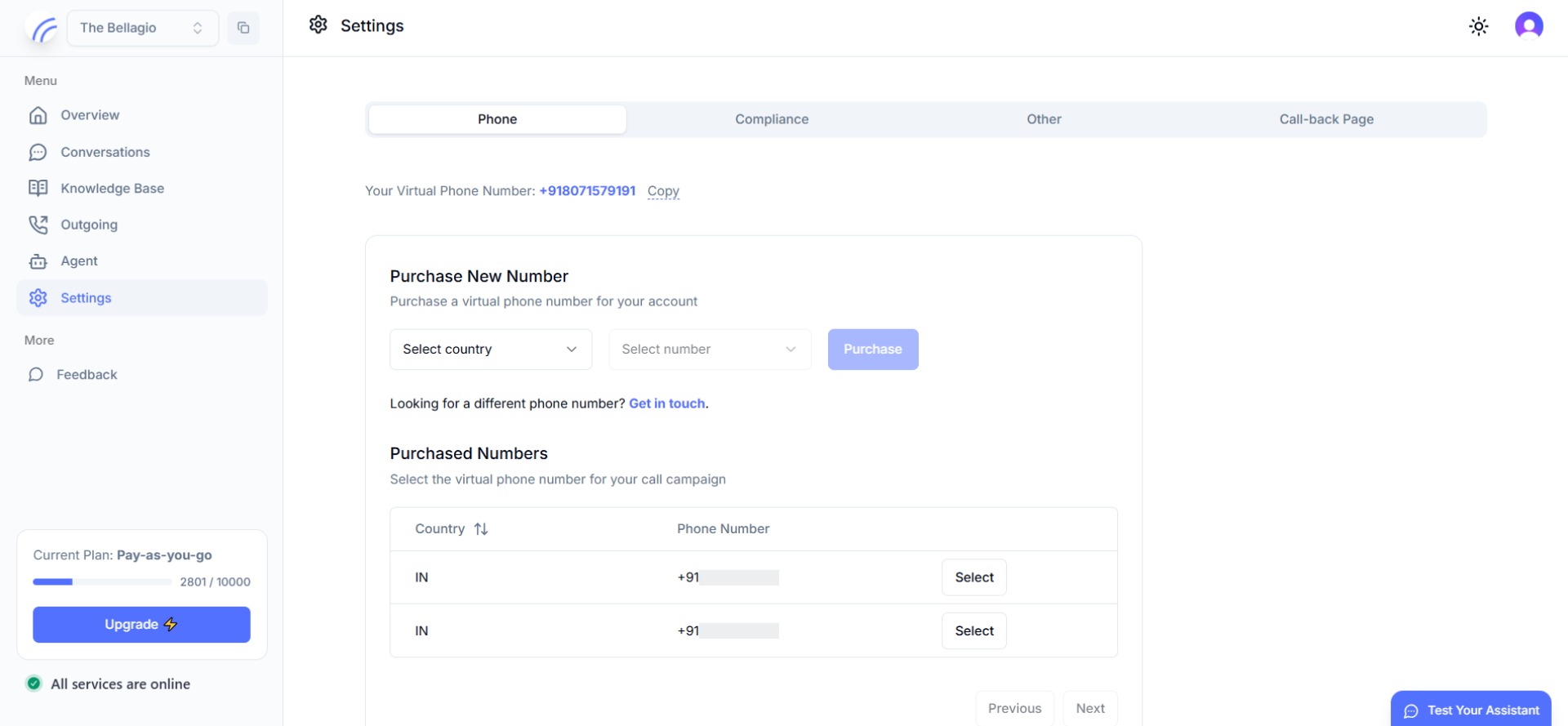 Settings page for provisioning and managing virtual phone numbers